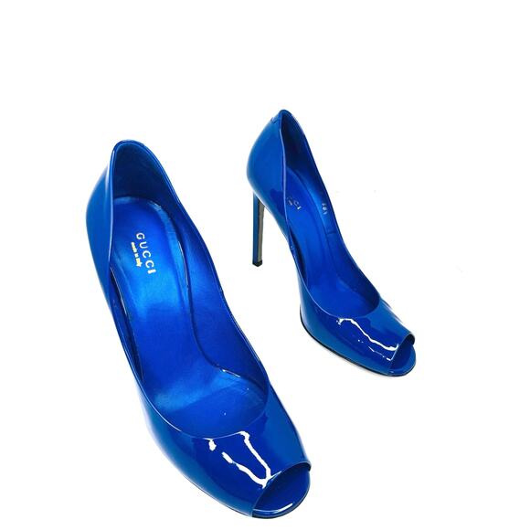 Gucci Vernice Crystal Peep Toe Pumps Ink Blue Patent Leather Heels Size 38.5 - Picture 7 of 10